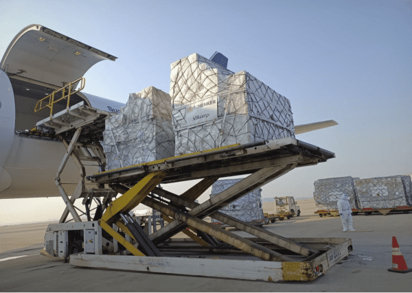 Lenovo shipment being loaded onto a Lufthansa Cargo aircraft at Shanghai Pudong Airport. (Picture credit: DB Schenker)
