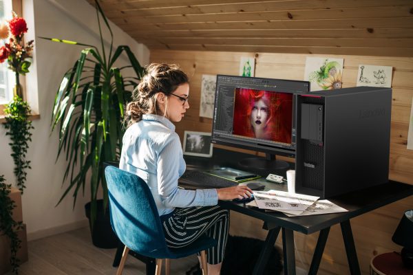 ThinkStation P620 in use by a woman at a desk