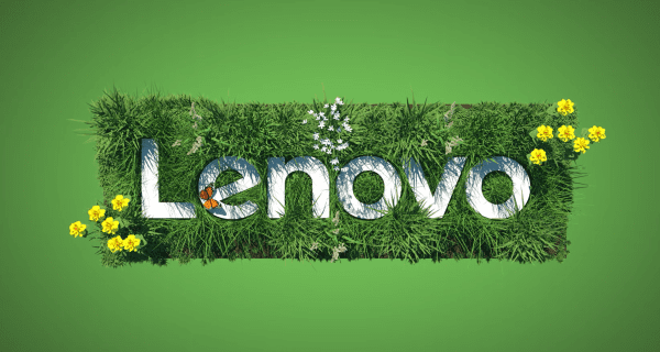 Lenovo logo on grass with flowers and butterflies