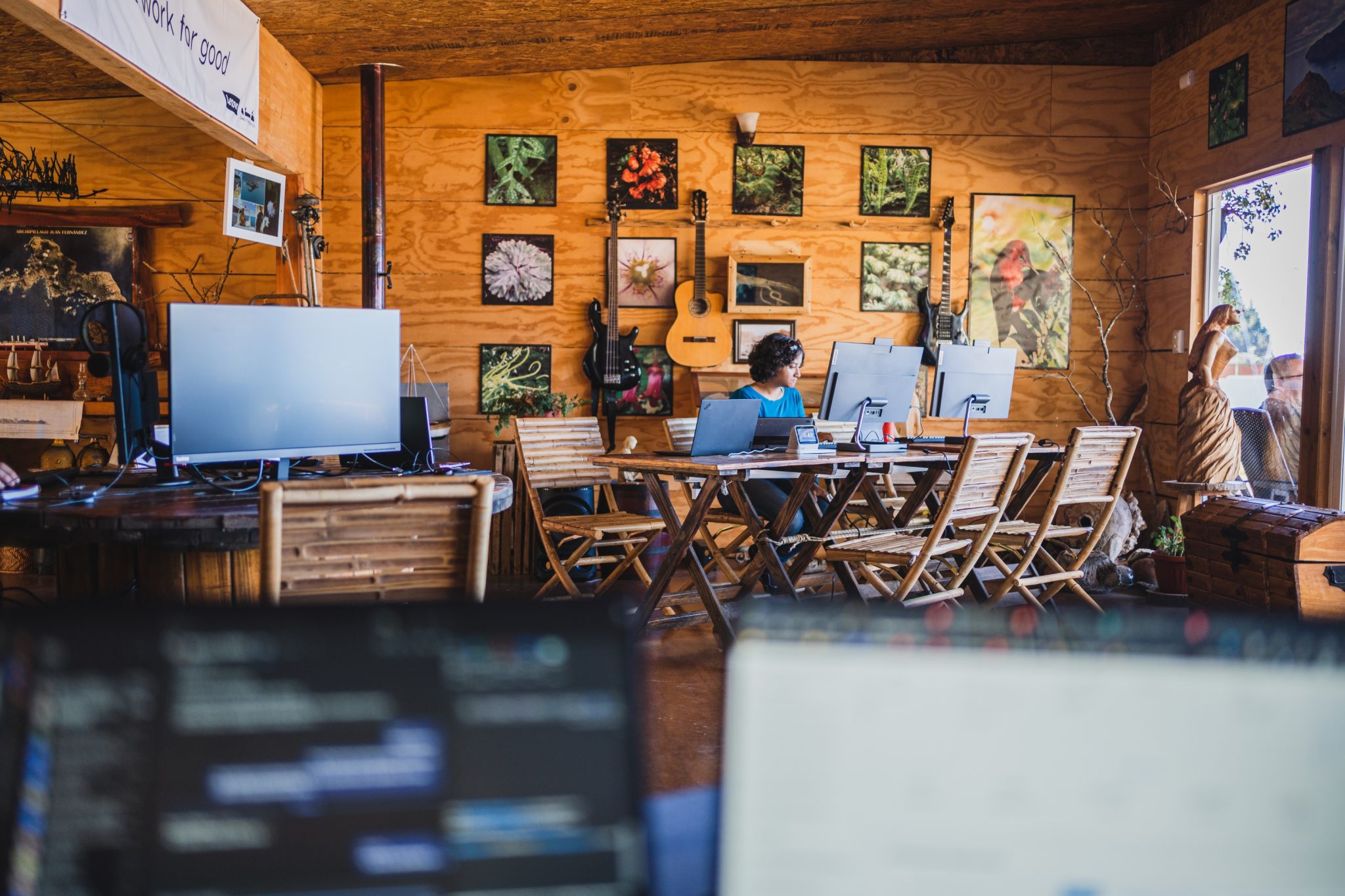 A Work for Humankind volunteer working remotely from Lenovo’s technology workspace on Robinson Crusoe Island, Chile