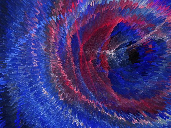 brand image - Digital red, blue and white pixilation representing a big data cyclone.