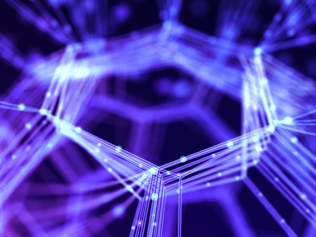 Brand image - Tight shot of a hexagon created with purple light fibers.