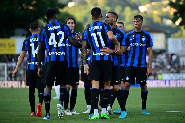 Joaquin Correa of FC Internazionale celebrates with teammates after scoring his team's third goal during the pre-season Friendly match between Lugano v FC Internazionale at Stadio Cornaredo in Lugano on July 12, 2022 in Lugano, Switzerland. (Photo by Mattia Ozbot - Inter/Inter via Getty Images)