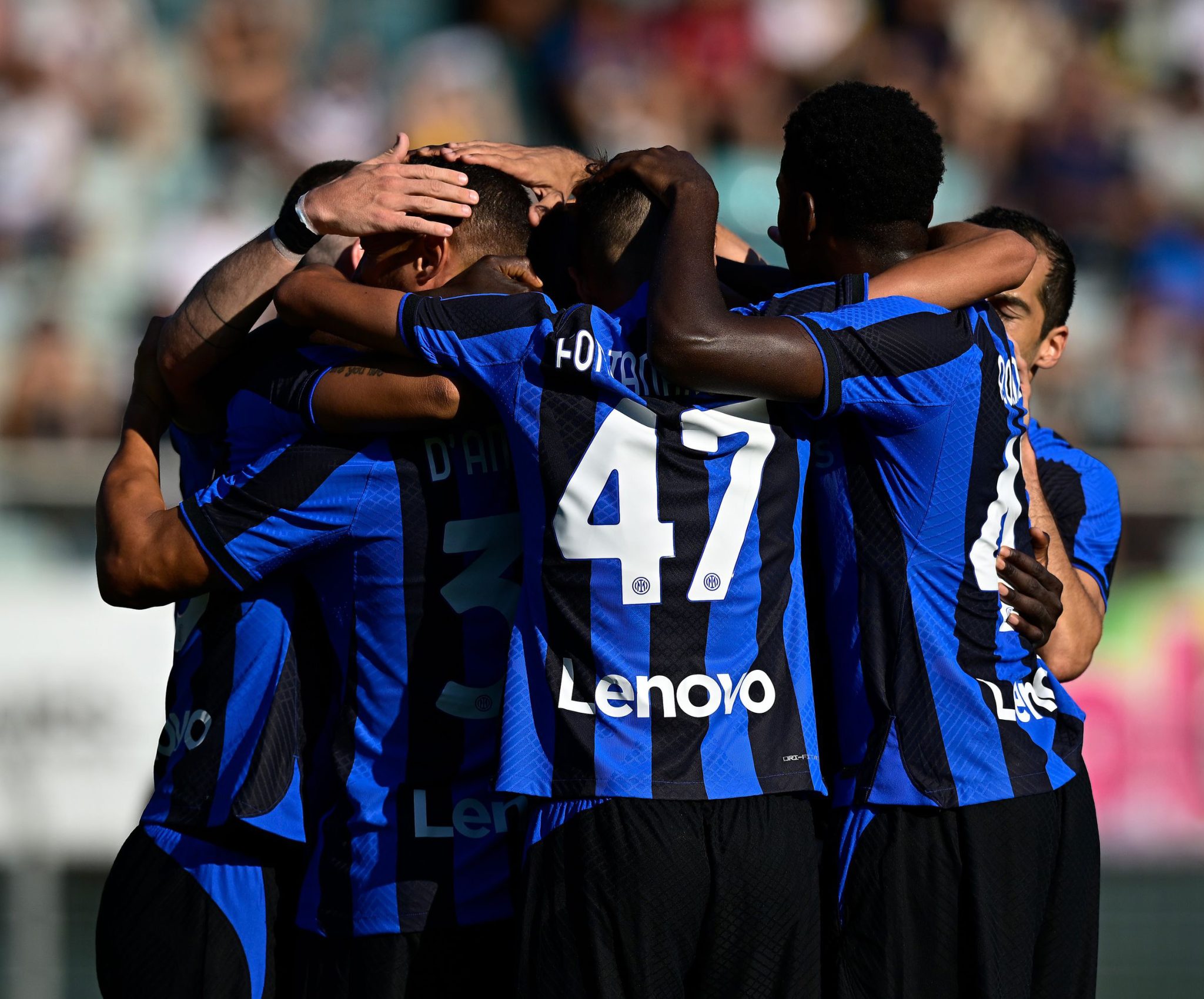 Danilo D'Ambrosio of FC Internazionale celebrates with teammates after scoring his team's first goal during the pre-season Friendly match between Lugano v FC Internazionale at Stadio Cornaredo in Lugano on July 12, 2022 in Lugano, Switzerland. (Photo by Mattia Ozbot - Inter/Inter via Getty Images)