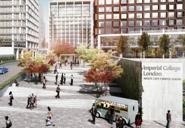 CGI impression of outdoor space and new buildings of Imperial College London White City Campus