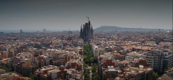 Ariel view of Barcelona city with cathedral standing above city buildings