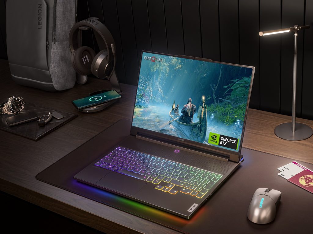 Lenovo Legion 9i on a desk with accessories