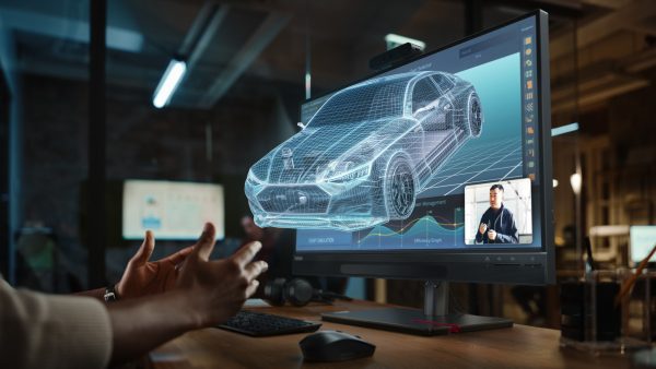 ThinkVision 27 3D Monitor seen projecting a car schematic.