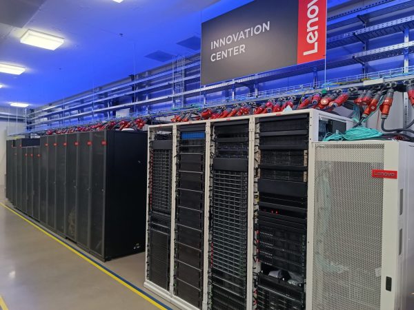Server Racks lined up under Lenovo Innovation Centre banner