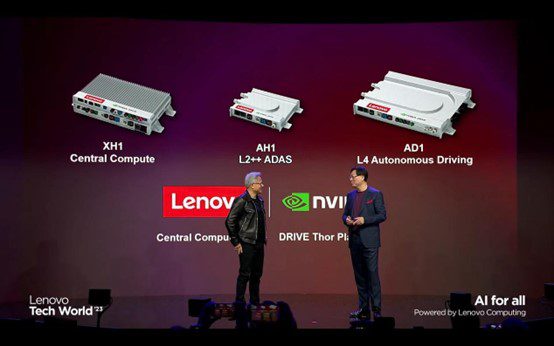 Lenovo Chairman & CEO Yuanqing Yan and NVIDIA founder & CEO Jensen Huang showcase Lenovo’s scalable automotive computing solutions built on the NVIDIA DRIVE Thor platform during Lenovo TechWorld ’23 in Austin, TX.