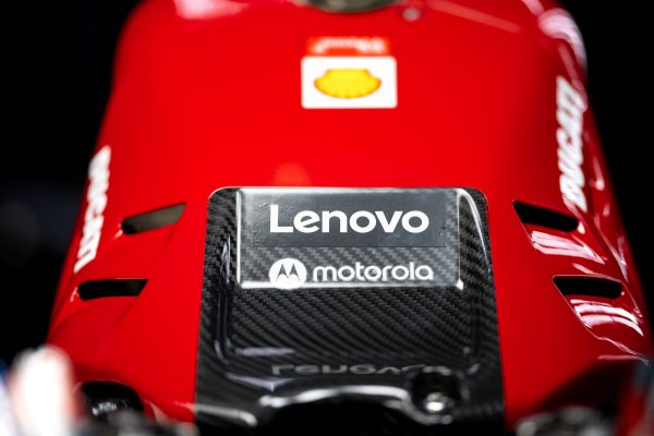 Closeup of Ducati bike with Lenovo and motorola logos.