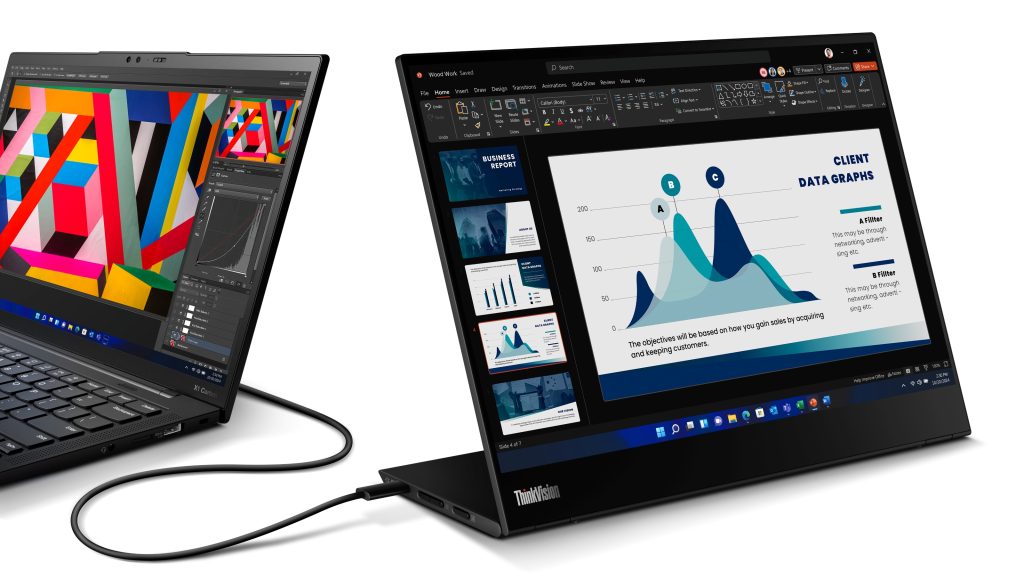ThinkVision M14t Gen 2 Mobile Monitor (Touch) connected to ThinkPad X1 Carbon