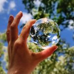 clear globe held skyward between finger and thumb refracting the trees and sky above