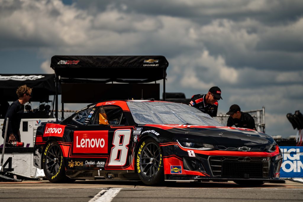 NASCAR car with Lenovo sponsorship logos.