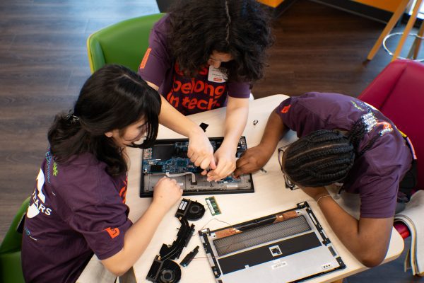 Girls disassembling a laptop.