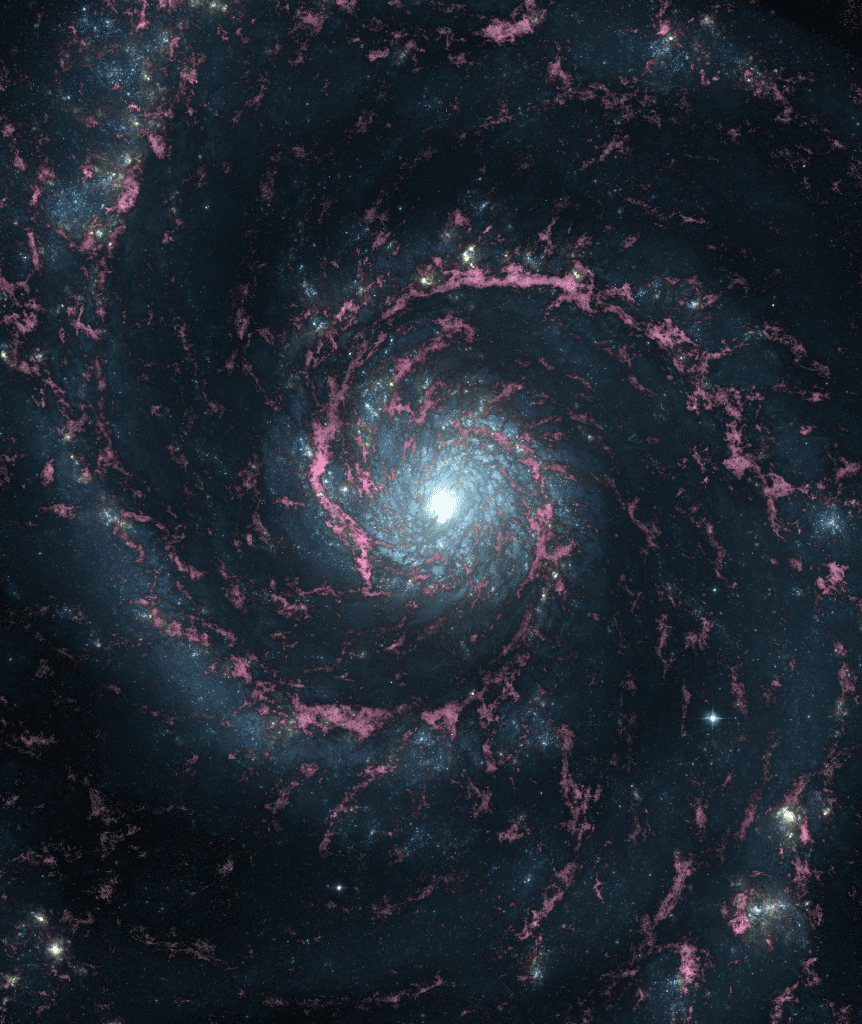 High-resolution gas map of the M51 spiral galaxy (pink), overlayed on the visible light from the stars (blue), and the ionised emission around newly born stars (yellow). 