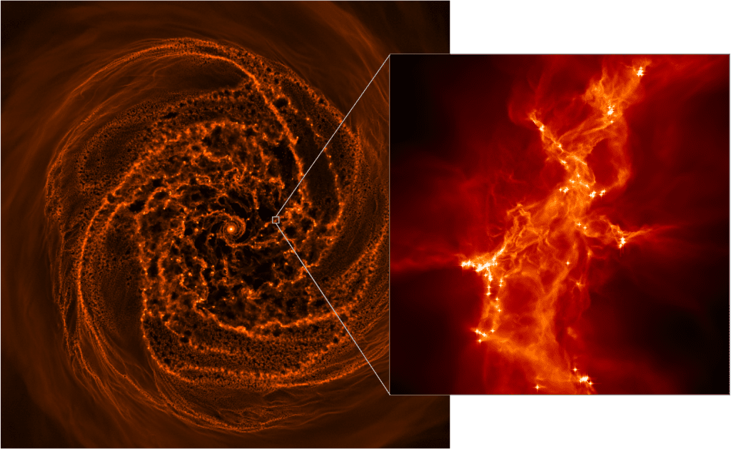 Simulation of the Phantom spiral galaxy, showing the level of detail that Ana’s models aim to achieve by “zooming-in” on star-forming regions.