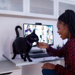 Lenovo brand image - Person interacting with their cat during a video call