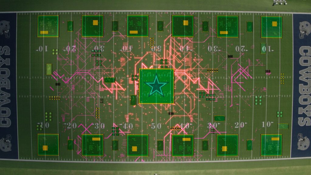 Dallas Cowboys' field with microchip and technology overlay