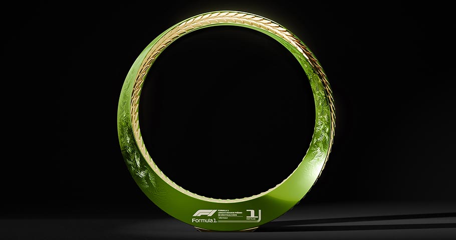 Formula 1 Rainforest Laurel Trophy, front-facing against black background