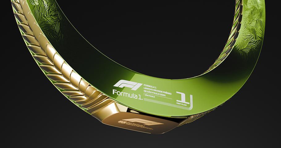 F1 Rainforest Laurel Trophy close-up details of the base with Formula 1 printed text