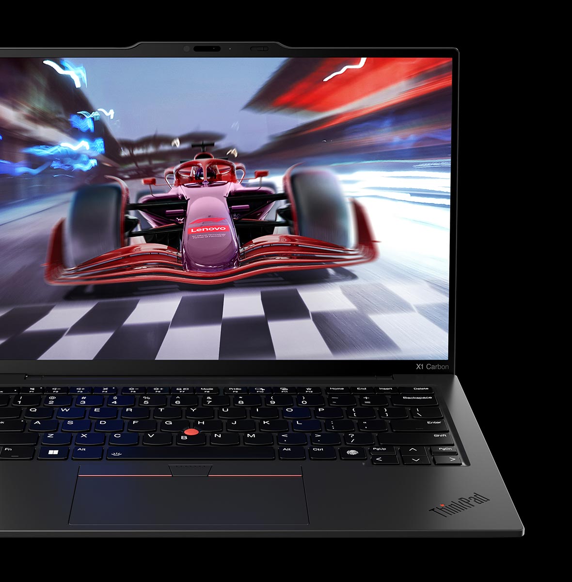 Lenovo X1 Carbon Laptop showing the Lenovo Formula 1 concept car on the screen.