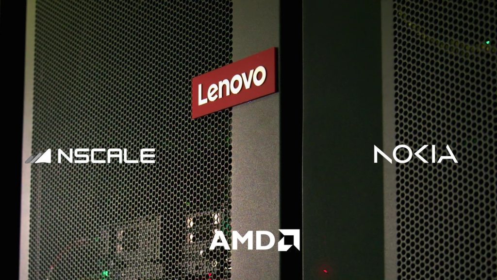 Lenovo server with overlay of logos from Nscale, AMD, and Nokia